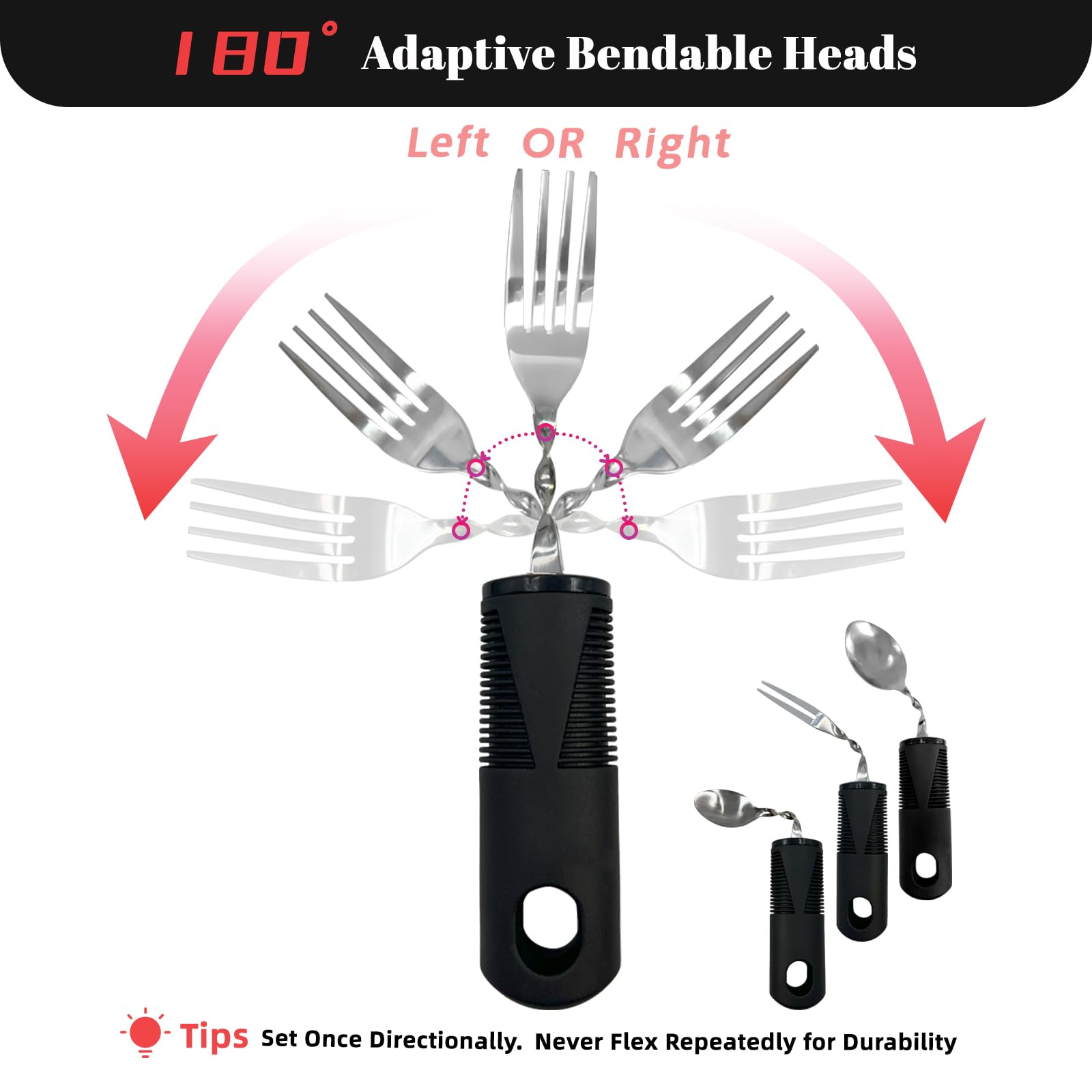 Daily Treasures Set de 5 Couverts Adaptés, Couteau à Steak Vertical & Fourchettes/Cuillères Orientables 180°pour Mains Atteintes de Parkinson, Tremblements, Arthrite, Personnes Âgées et Adultes (Noir)