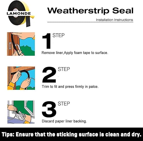 Miniatura 6 de Cinta de sellado de espuma negra para puertas de 1 pulgada de ancho x 14 de pulgada, para puerta corrediza, marco de puerta delantera, aislamiento