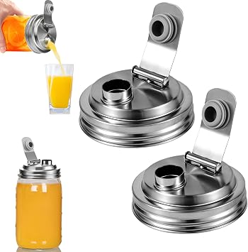 2 Pack Stainless Steel Wide Mouth Mason Jar Pour Spout Lid, Mason Jar Pitcher Flip Cap Lids, Airtight & Leak-proof Seal, Canning Lids for Wide Mouth Ball Mason Jar silver lid
