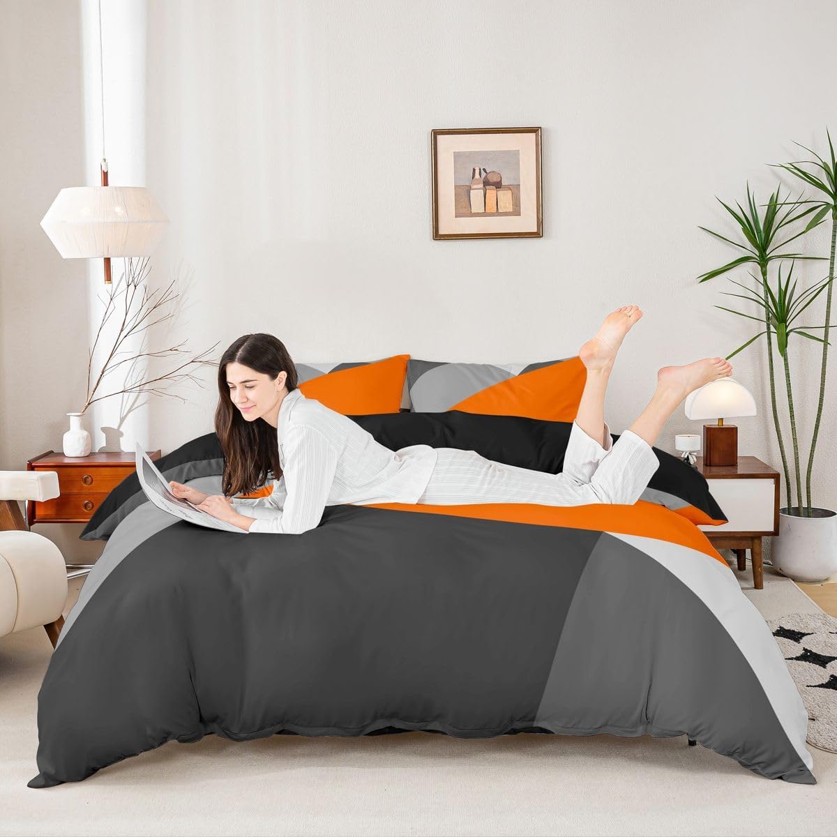 Orange And Gray Duvet Cover Queen Patchwork Geometric Triangle Bedding Set Orange Black Light Grey Comforter Cover For Kids Adults Modern Simple Abstract Bed Set With Zipper 2 Pillow Cases