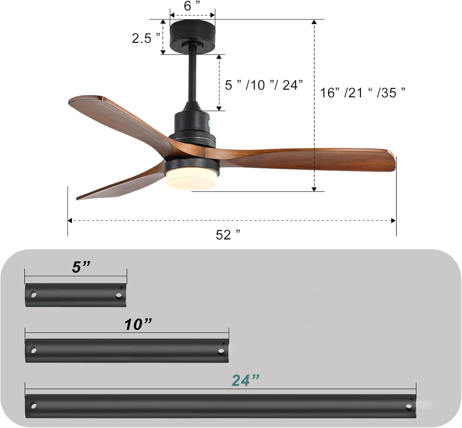 52 Inch Ceiling Fan Light with 6 Speed Remote Reversible Energy-Saving DC Motor, Dimmable LED, 3 Modes
