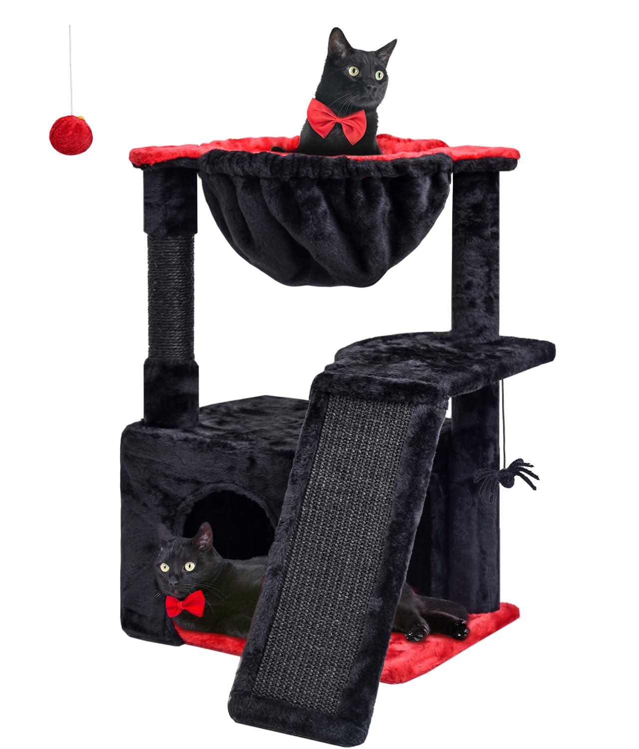 PURIFIC PETS Gothic Cat Tree for Indoor Cats Large Adult, Modern Activity Tower with Scratching Posts & Board, Condo with Plush Perch, Cradle & Hanging Ball & Spider for Play, Black
