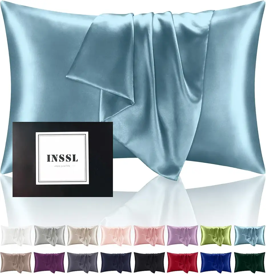 INSSL Fronha de Seda para Mulheres, Fronha de Seda Amoreira para Cabelo e Pele, Respirável durante o Sono, Azul Cinza, Padrão, 50 x 75 cm