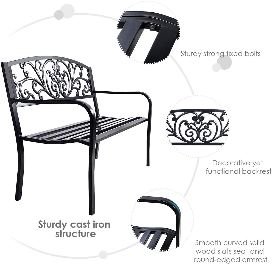 Giantex 50" Patio Garden Bench, Loveseats Park Yard Furniture, Black Steel Cast Iron Frame Chair, Metal Bench Outdoor with Floral Scroll Pattern
