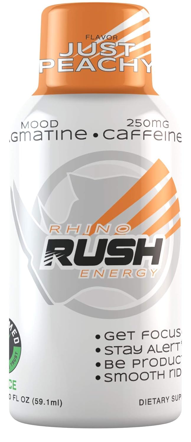 Rhino Rush- New Energy Shots 12 Pack, 2 oz Extra Strength Caffeine Energy Drink Shot, Lasts 4 to 6 Hour (Just Peachy) : Health & Household