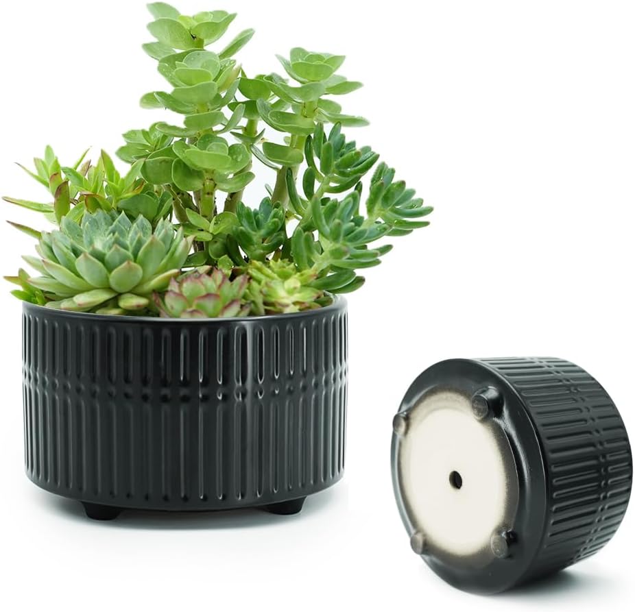 6.5+8 Inch Succulent Pots, Ceramic Planters with Drainage Hole, Set of 2 Modern Fluted Stripe Design Indoor Planters, Gifts for Women, Black