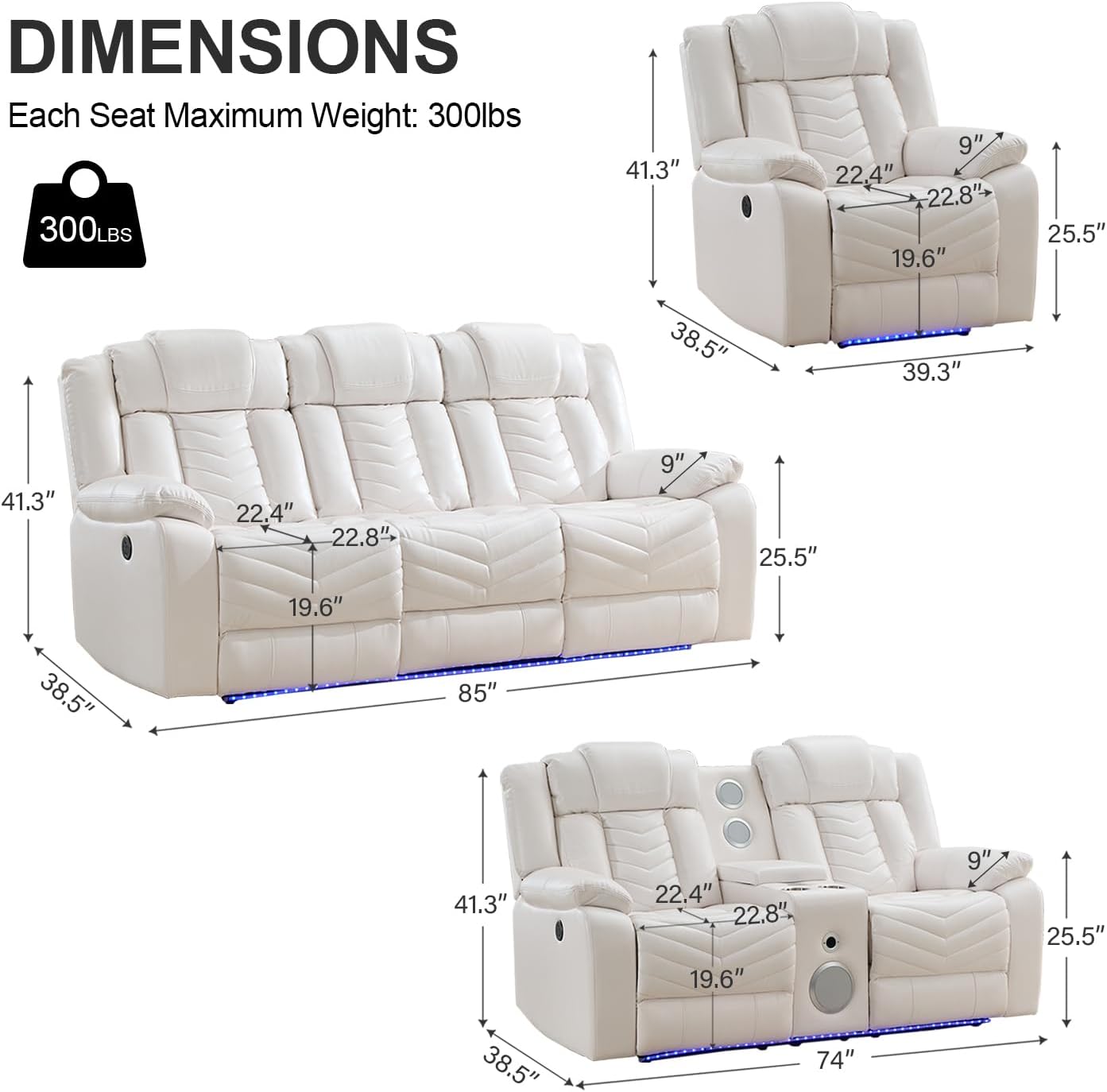 Power Reclining Sofa 3 Pcs Set with 0 Gravity Recliner for Living Room with Bass Speaker,Wireless Charger, Faux Leather Reclining Loveseat Recliner, Electric Couch Sofa, White