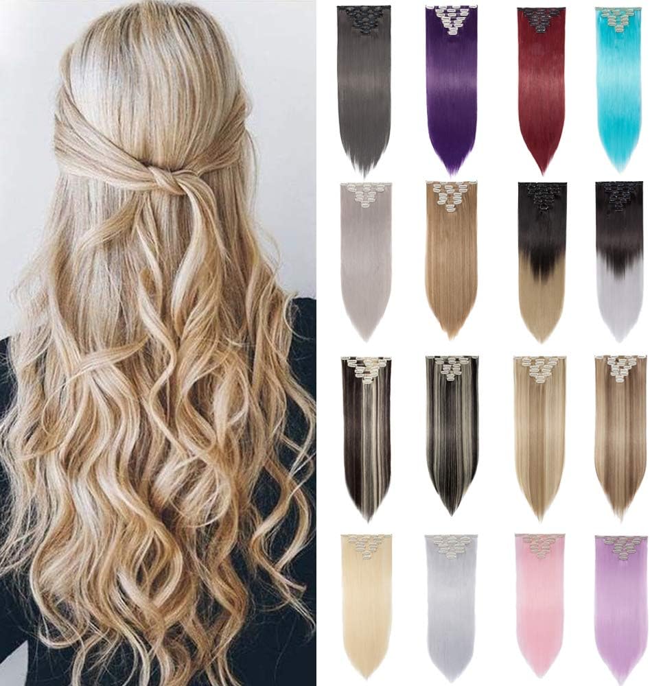 S-noilite 24"/26" Straight Curly Full Head 8 Piece 18 clips Clip in Hair Extensions Long Poplar Hairpiece 8colors (26" straight, Dark Brown & Bleach Blonde)