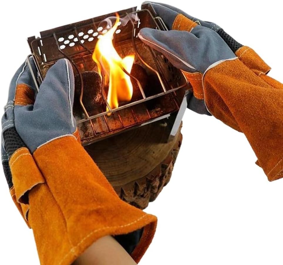 1 Pair Mitts Flame Insulation Leather Outdoor Gloves for Grill Cooking Kitchen(D)