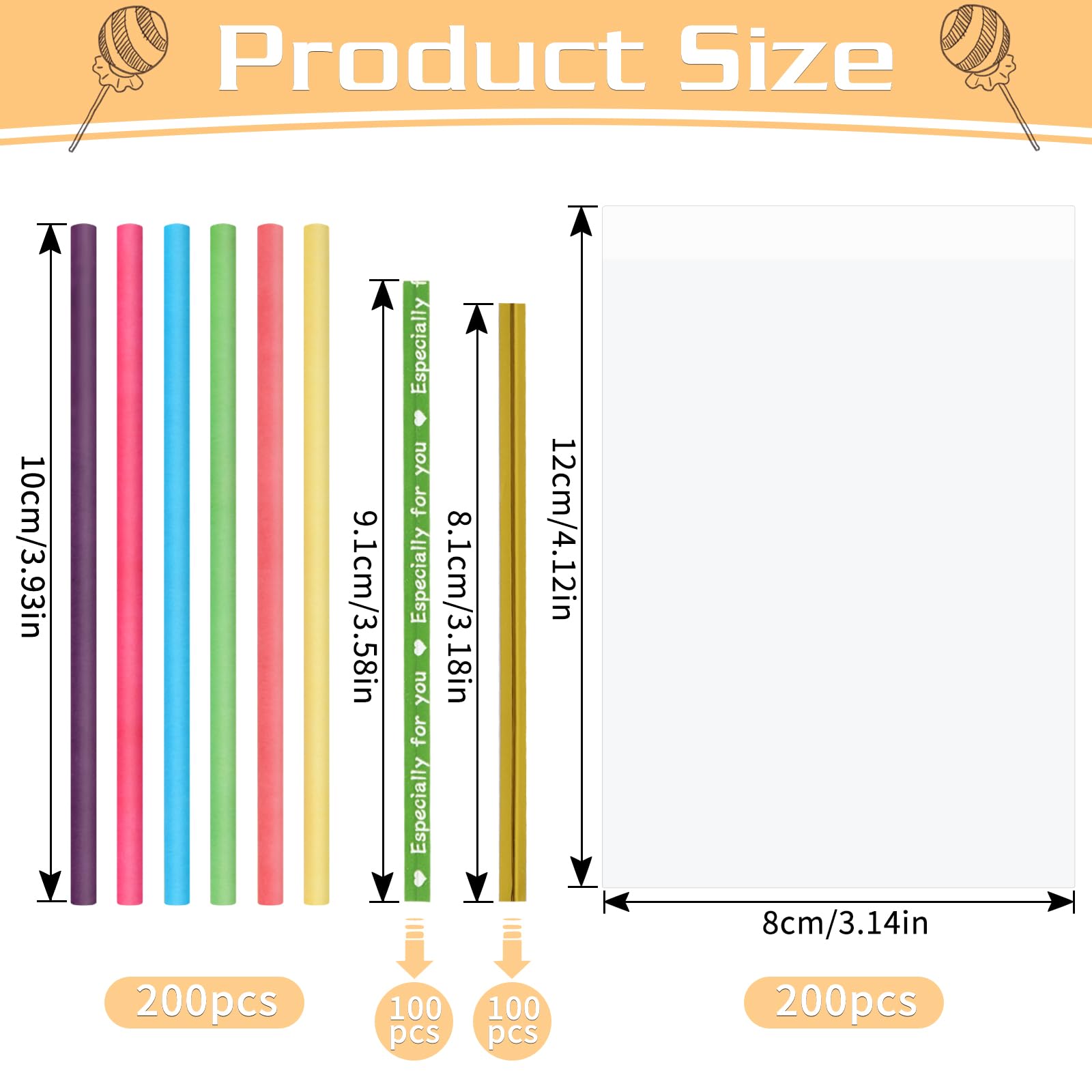 Lot De 600 Bâtonnets Cake Pop Avec 200 Sachets Et 200 Supports – Idéal Pour Bonbons, Pâtisseries, Cadeaux