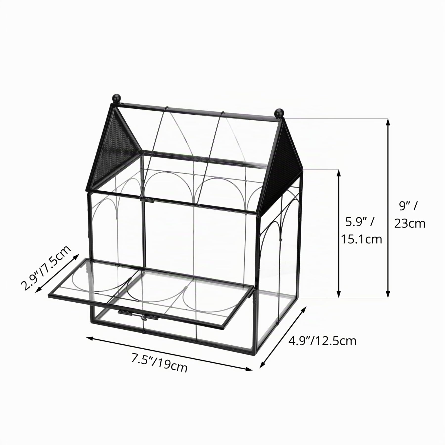 NCYP 19x12,5x23 cm Glasgehäuse mit Belüftungslöchern für Insekten, Spinnen, schwarz kleine geschlossene in Hausform mit vorne öffnende Tür (Ohne Pflanzen und Requisiten)