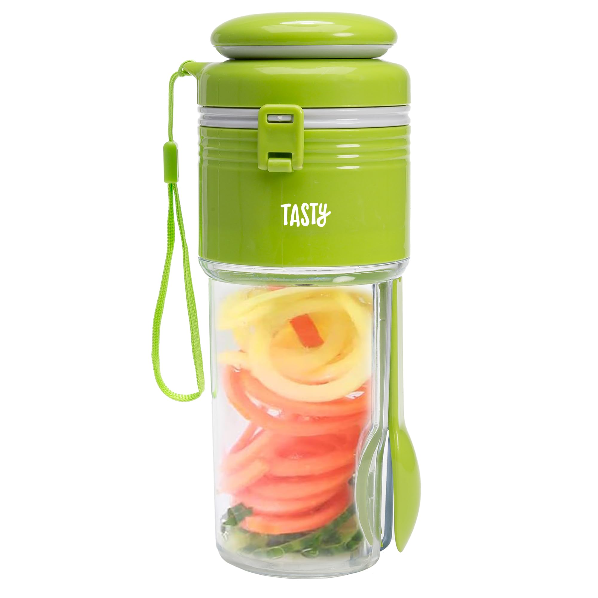 Tasty 2-in-1 Vegetable Spiralizer and Salad Container, Travel Fork Included, Dishwasher Safe, Multiple Compartments, Green