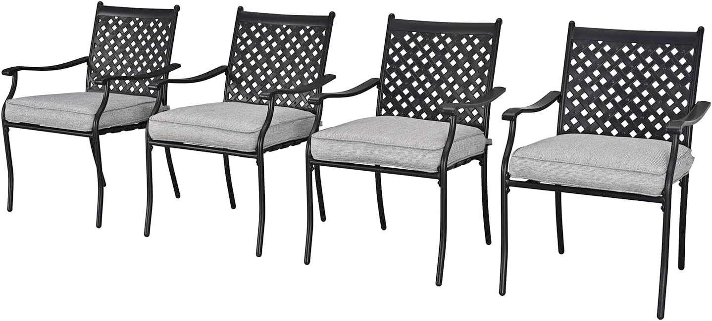Festival Depot 4 Piece Outdoor Patio Furniture Outdoor Wrought Iron Dining Chairs Set for Porch Lawn Garden Balcony Pool Backyard with Arms and Cushions (4Pcs) (Grey)
