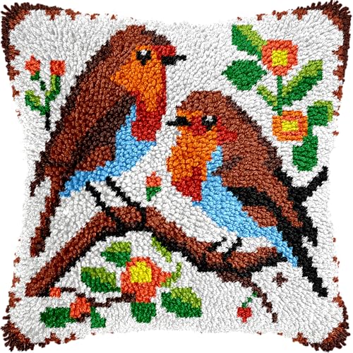 Image of veirousa Robin Birds Latch Hook Pillow Kits for Adults Beginners, Pre-Printed Latch Hook Rug Set Cross-Stitch Embroidery Cushion for Home Sofa Decoration 17x17 Inch