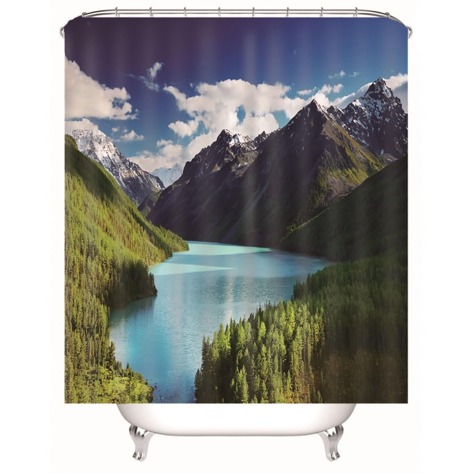Rideau de douche vert textile motif montagne | Rideau de baignoire en polyester avec anneaux