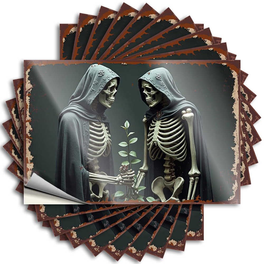 Home Bar Decor Tumbler Tattoo - Skeletons in Cloaks Share A Moment with A Sprouting Plant Autumn Durable Sticker Easy Apply for Free Decor(6X9CM)