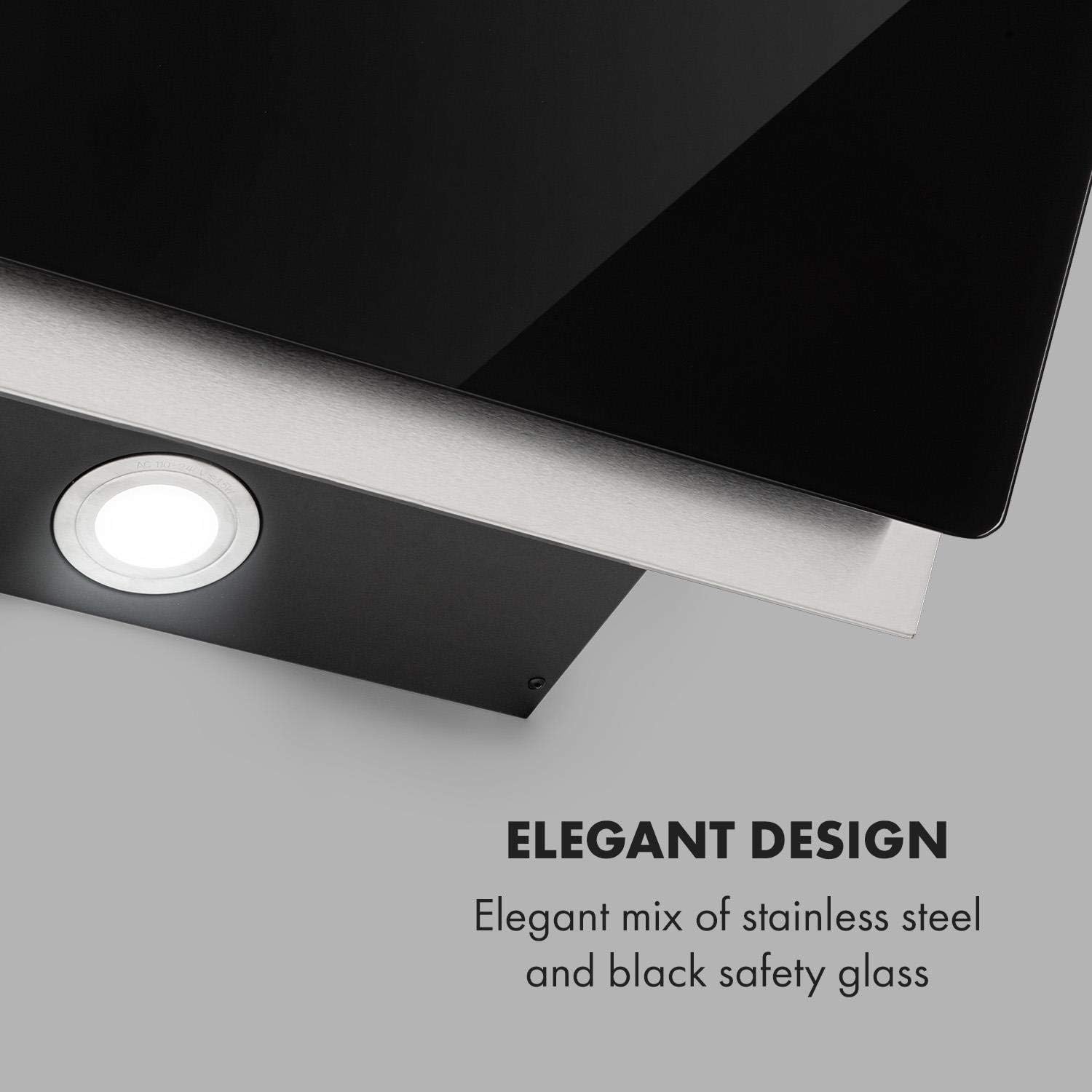 Close-up of the cooker hood's touch control panel with five buttons.