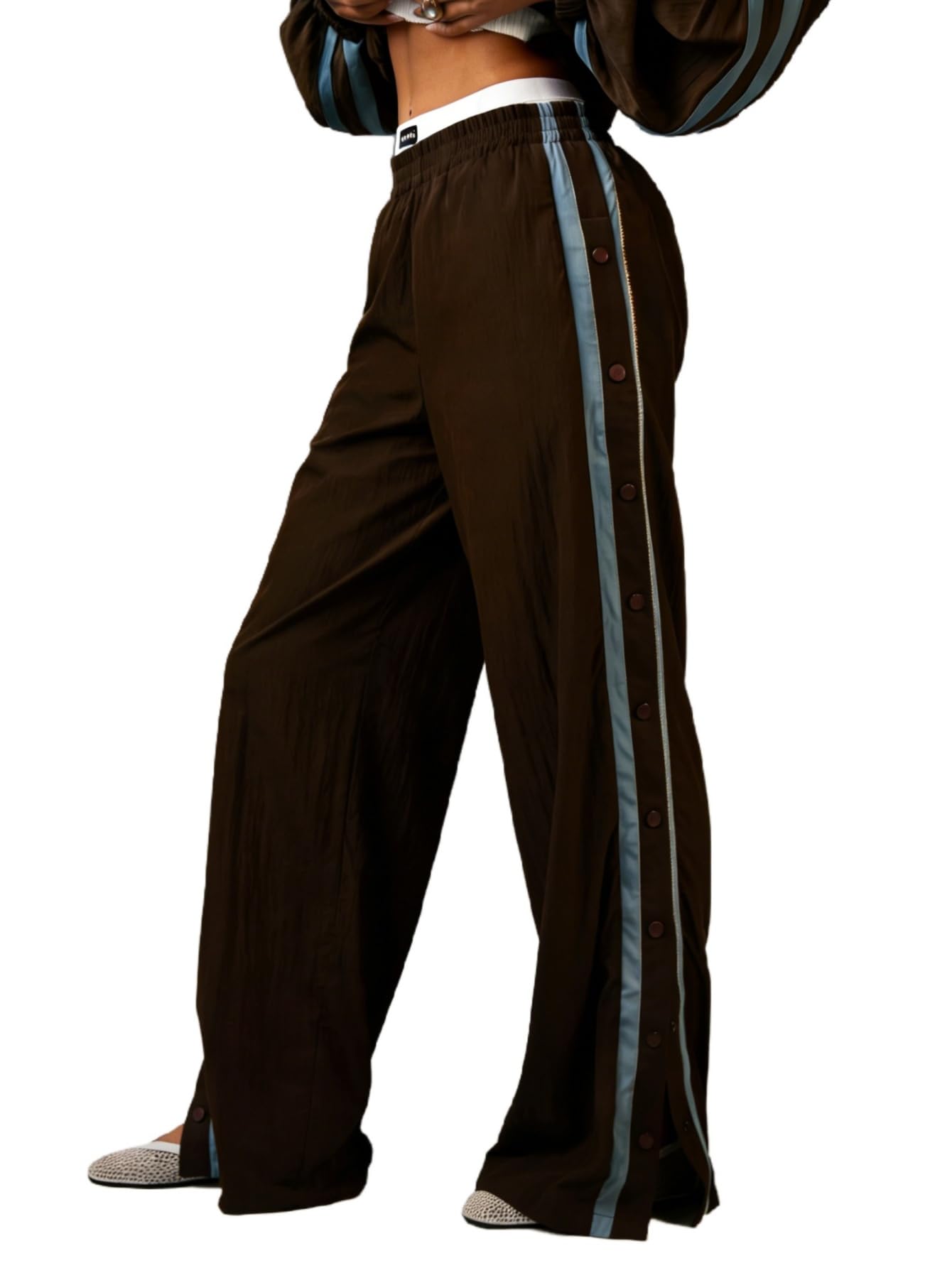 WDIRARA Womens Button Side Striped Wide Leg Pants Elastic Waist Baggy Track Pants