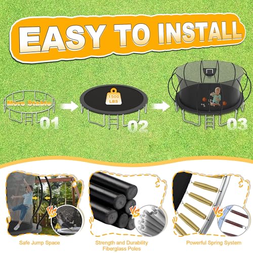 1500LBS Tranpoline Outdoor 8 10 12 14 16FT Tranpoline for Kids and Adults,【Easy to Install & Built to Last】 Recreational Tranpolines with Net, Light+Sprinkler, Basketball Hoop, ASTM Approved
