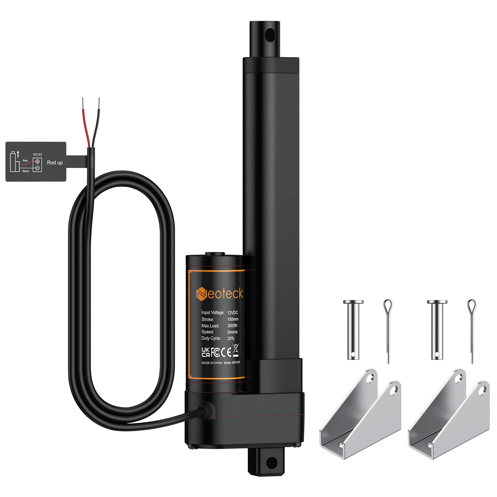 Neoteck Motore Lineare Elettrico 3000N 150mm 12V DC 3.5 mm/s a Carico 50 dB | Attuatore Lineare IP65 Finecorsa Integrato Certificato CE per Sollevatori Industriali Macchine Agricole Rimorchi Camion e CNC