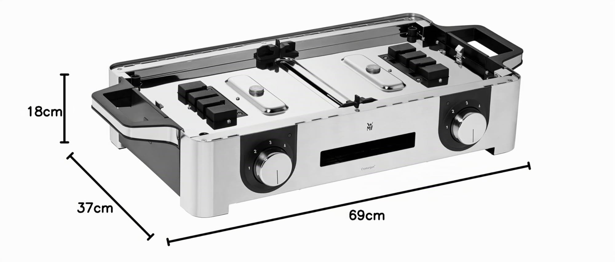WMF Master Grill Lono, Griglia Elettrica per Interni ed Esterni con 2 Piastre Antiaderenti in Alluminio 28x50cm, Base in Acciaio Inox 18/10, Temperatura Regolabile, Facile da Pulire, 2400 W