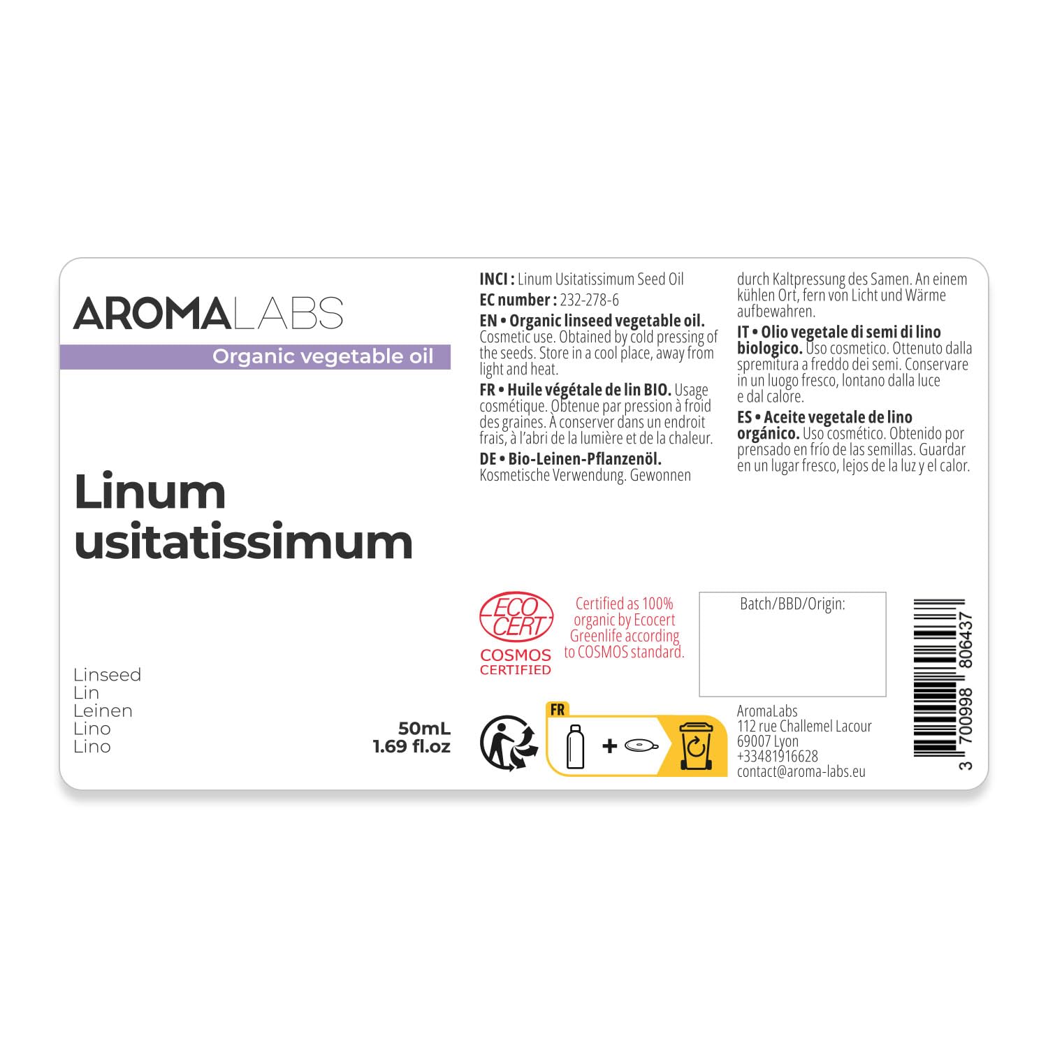 ORGANIC - LINSEED Oil - 50mL - 100% Pure, Natural, Cold Pressed and Cosmos Certified - AROMA LABS (French Brand) - Image 2
