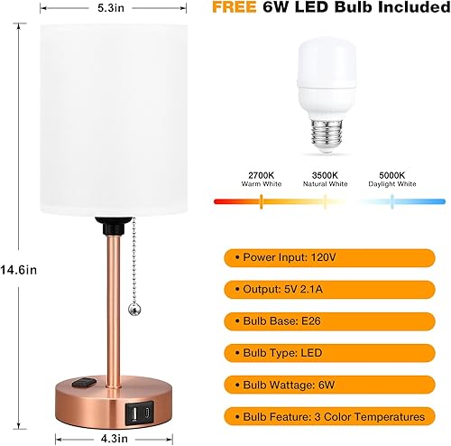 Miniatura 10 de Lámparas de noche pequeñas 3 modos de color - Blanco roto de 2700 K 3500 K 5000 K lámparas de dormitorio con puertos USB C y A lámparas de mesa de