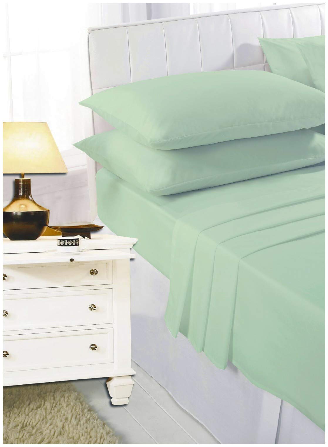 Goldstar 4 Pcs Fitted Sheet Flat Sheet & Pillowcase Set Easy Case Plain Bed Linen Polycotton Bedding (Mint Green, Double)