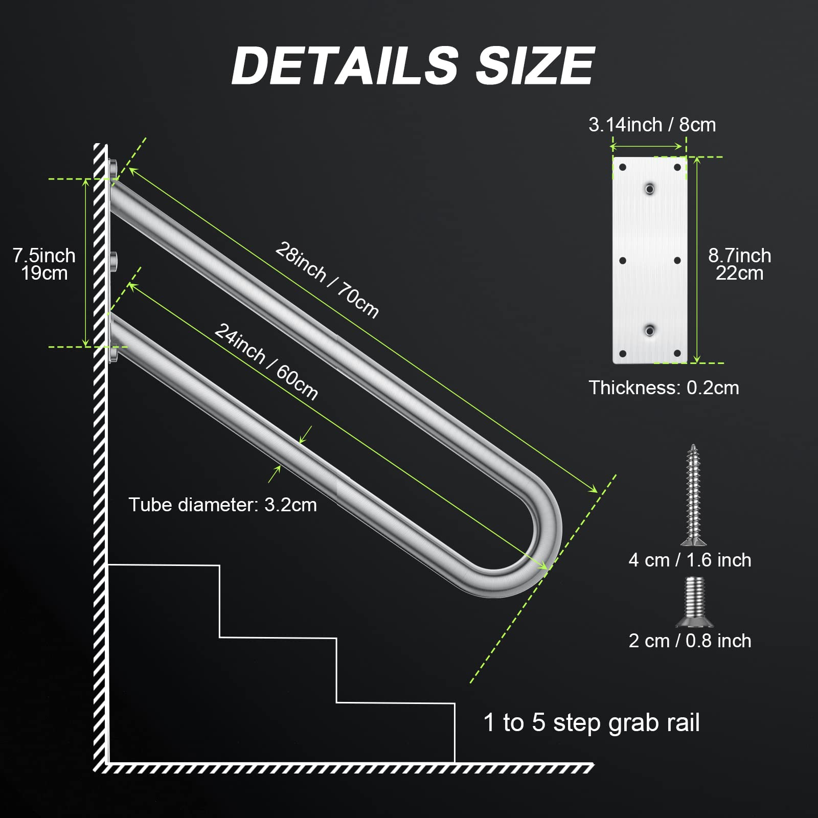 28 Inch Jamb Mount Handrail For 15 Step 1.25 Diameter