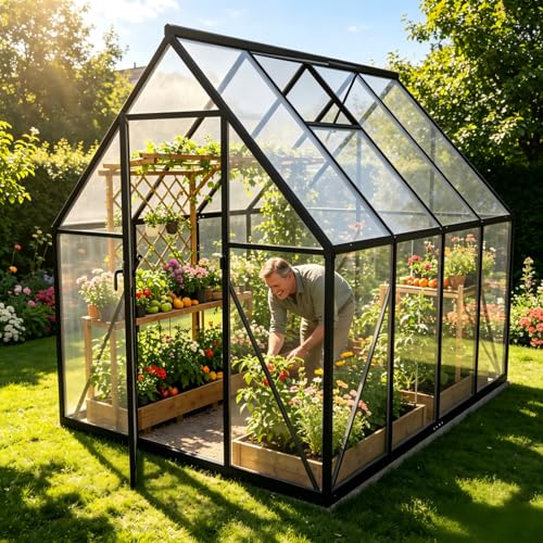 QEENTOE Aluminium Gewächshaus 6x8FT mit Fundamentrahmen...