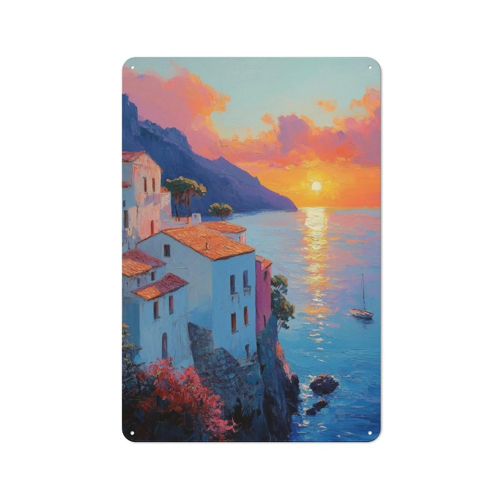 Junmoney Style-6 Tin Wall Plaque 30X20cm With Sunset Coastal Village For Café Or Restaurant, New Home Wall Decor For Hospitality Interior Collectors