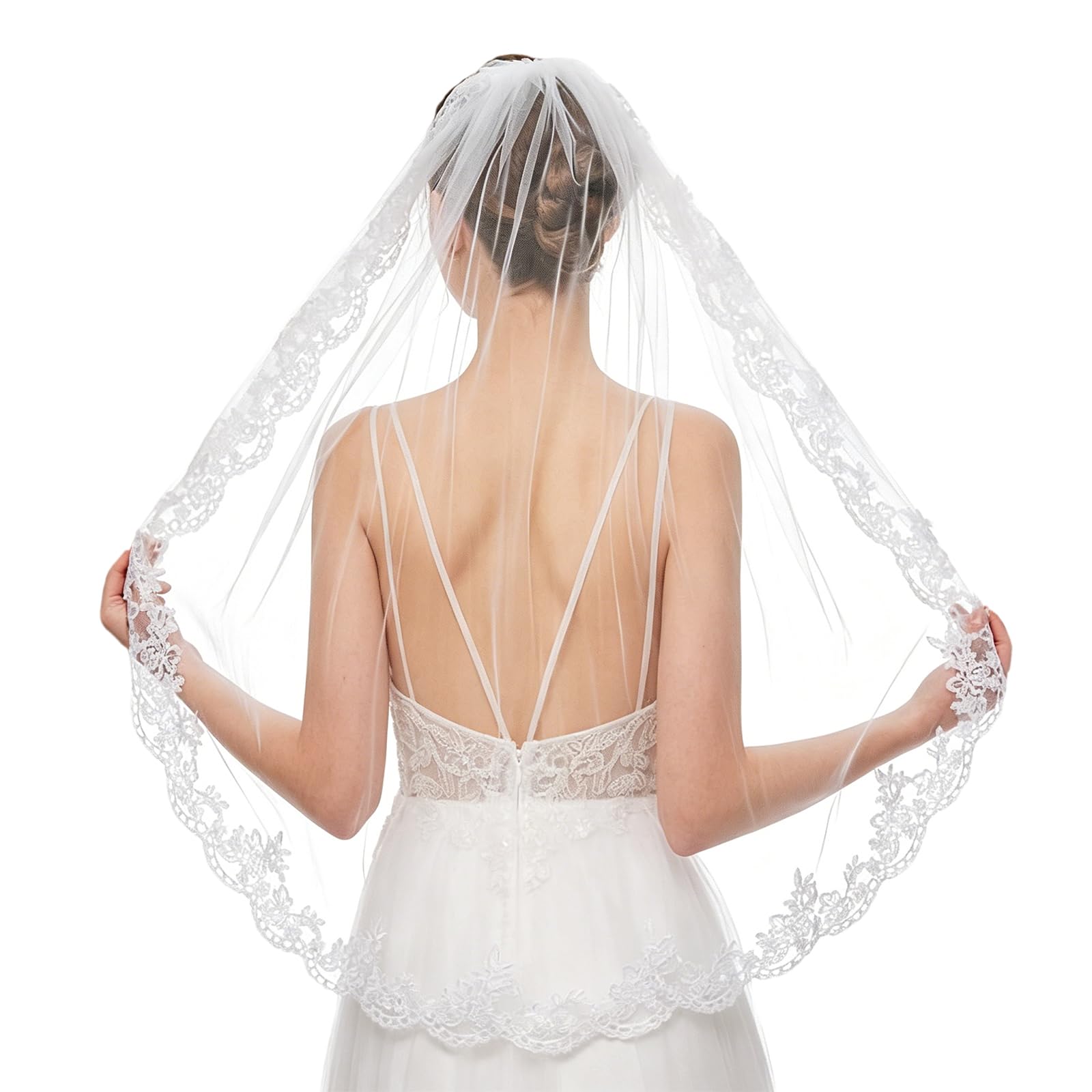 Fusdnw Women's White Wedding Veil, 1 Tier Elegant Bride Veil, Lace Bridal Veils For Brides Shower, Bachelorette Parties Hen Night, Weddings