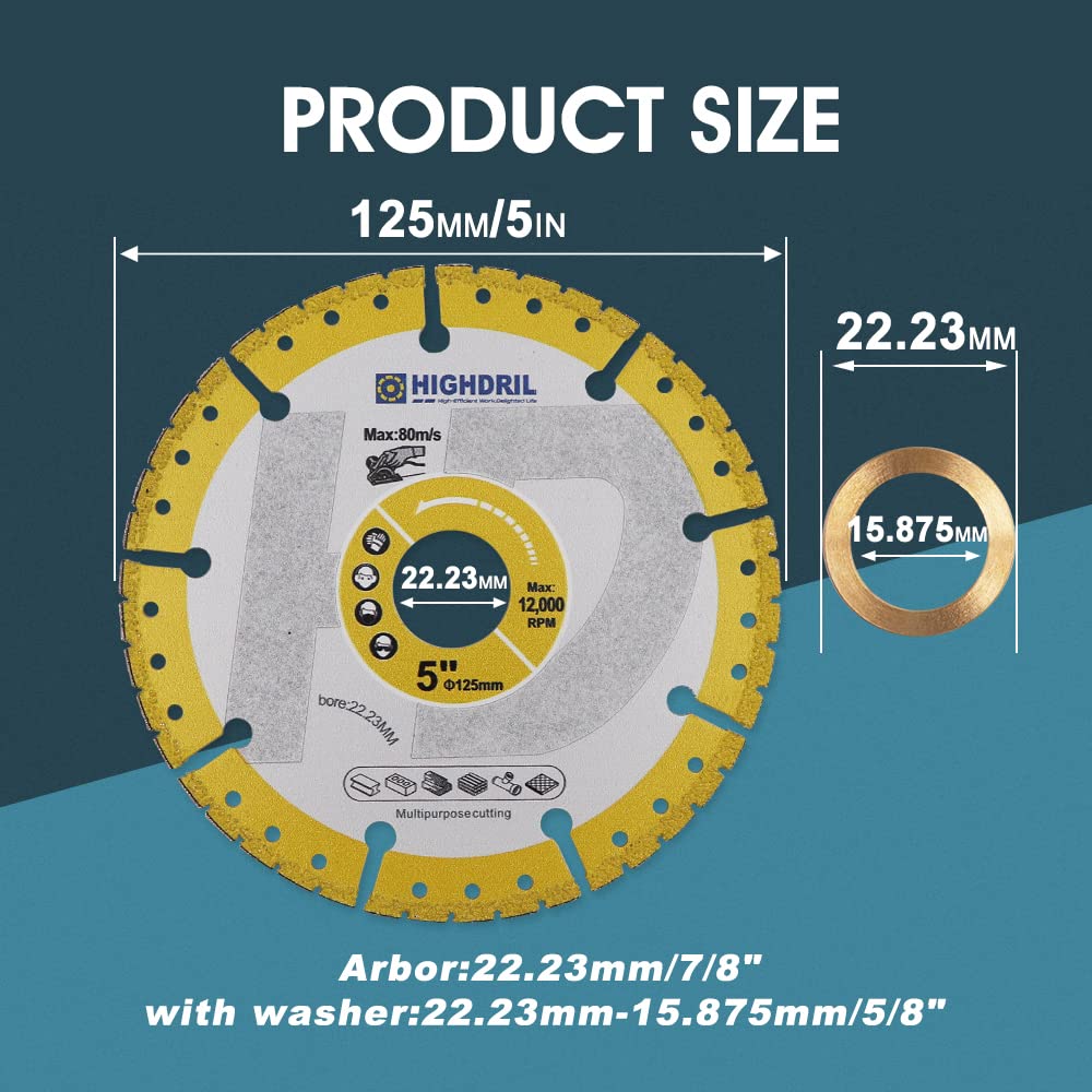 HIGHDRIL Disco de Corte Diamante - 2 piezas 125mm Disco Diamante Tuttofare per Impieghi Gravosi per Lamiere di Armatura, Metallo, Ferro Angolare, Acciaio Inox, Granito, Marmo