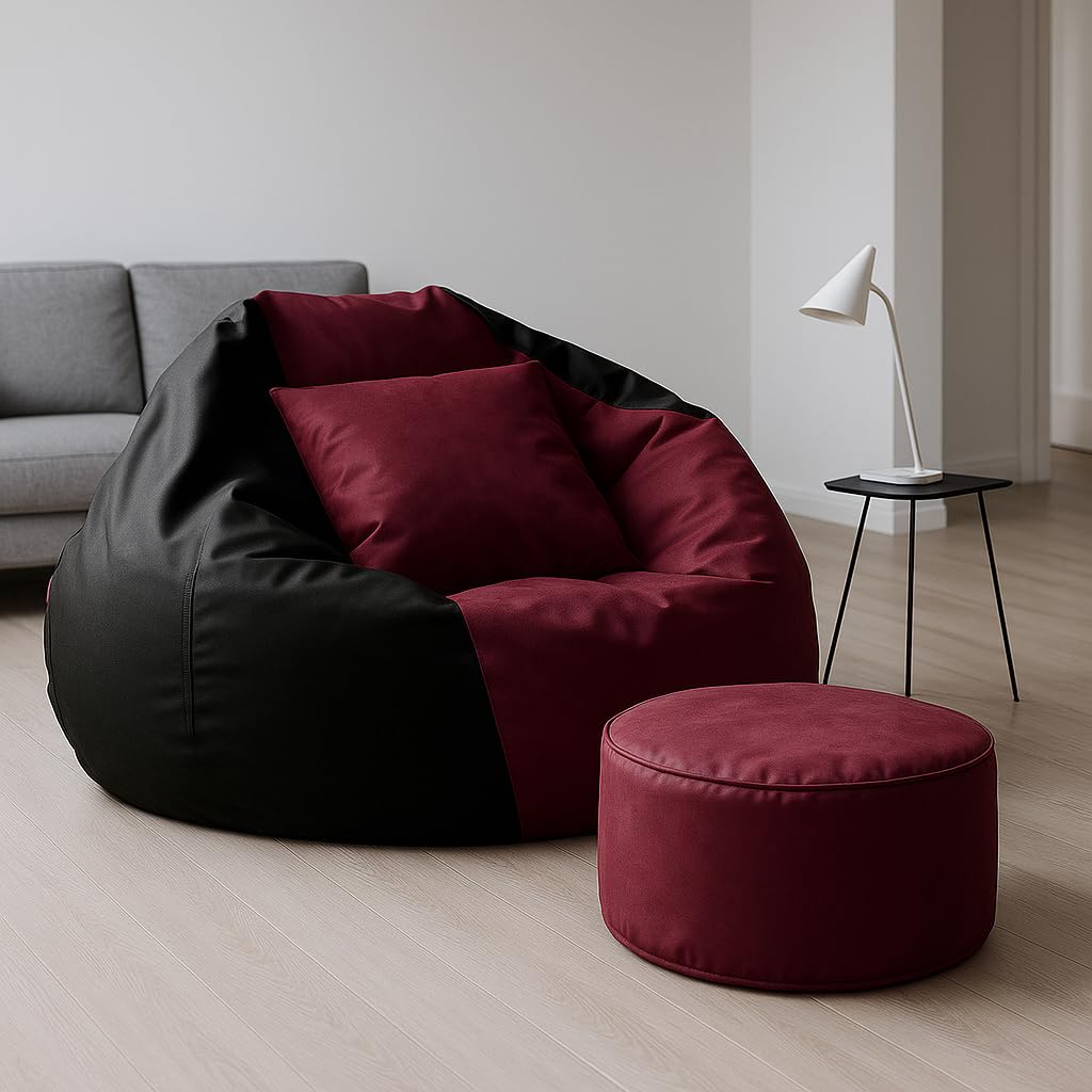 karuto 4XL Bean Bag Cover with Footrest & Cushion (Without Beans) (Maroon::Black, XXXXL)-image-7