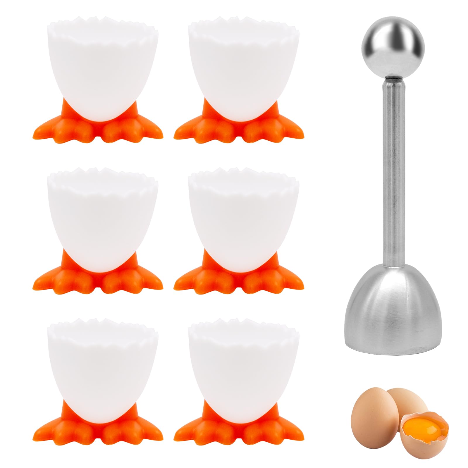 6 Pcs Egg Cups, Egg Stand Holder Kitchen Egg Cup with Egg Opener, Cartoon Egg Holders for Breakfast Brunch Soft Boiled Egg (White)