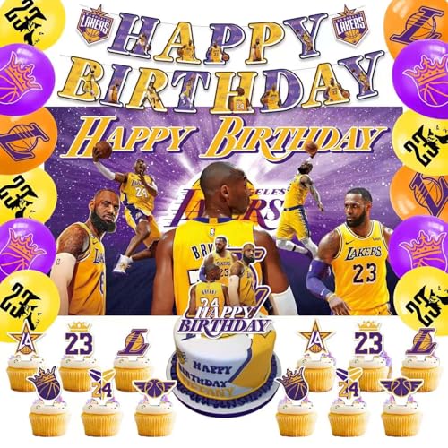 42Pcs Los Angeles Basketball Party Supplies Pack IncludesBannerCake TopperBlackdrop Balloons for The Laker party decoration