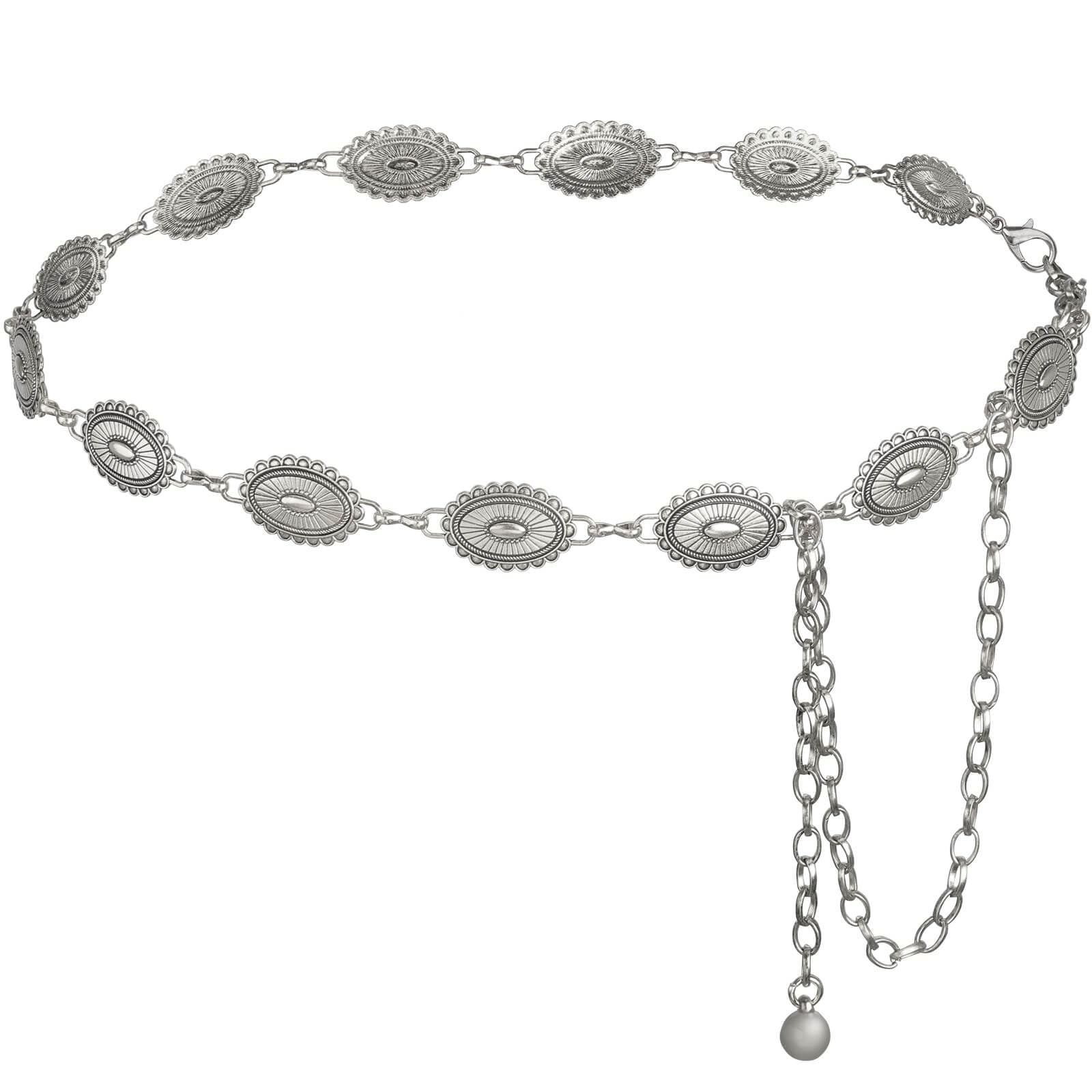 DRESHOW Western Metal Concho Belt for Women Cowgirl Boho Concho Chain Adjustable Silver Vintage Waist Chain for Women for Dresses Jeans Country Concert