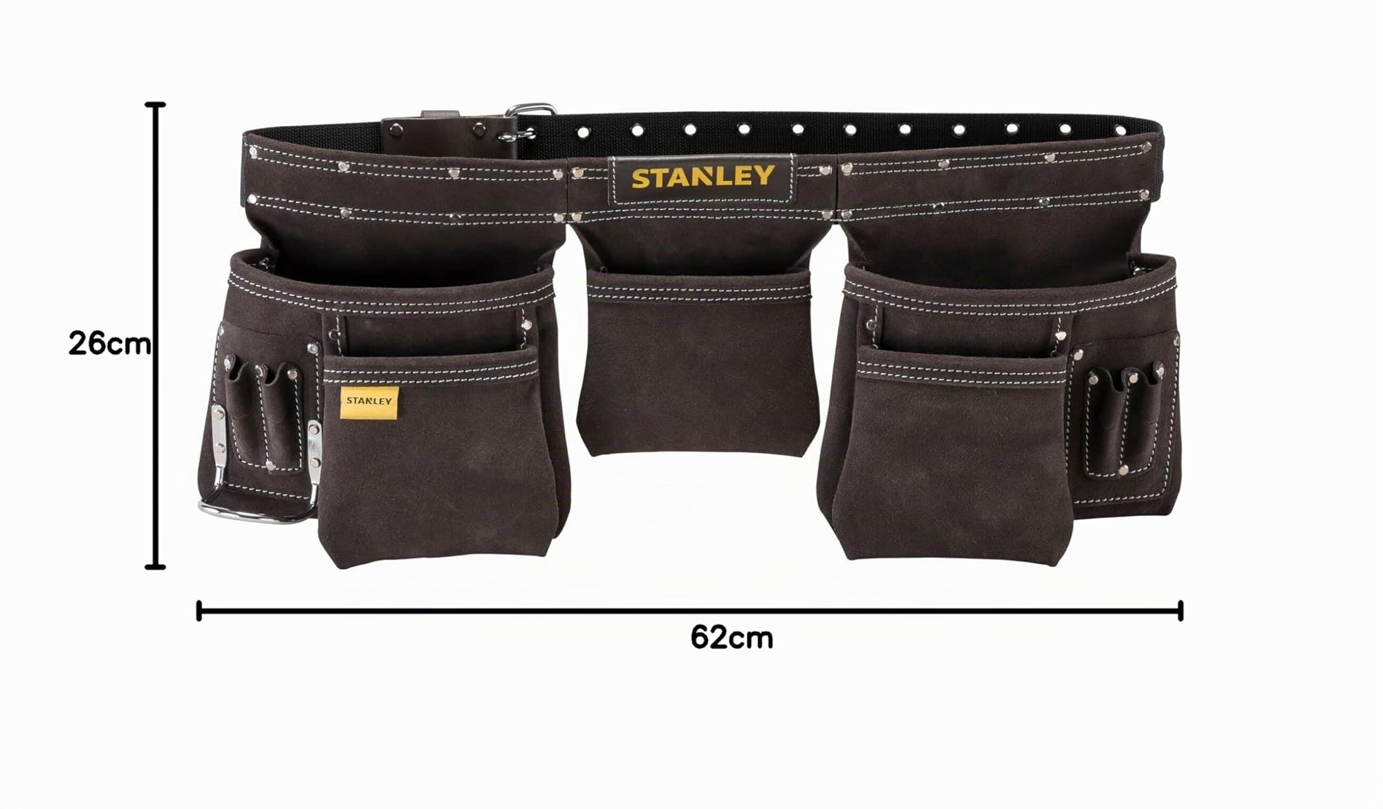 STANLEY Delantal Portaherramientas de doble cinturón, Múltiples bolsillos, Piel de primera calidad, Refuerzo de remaches, Doble costura, Dimensiones: 145 x 9 x 26 cm, STST1-80113
