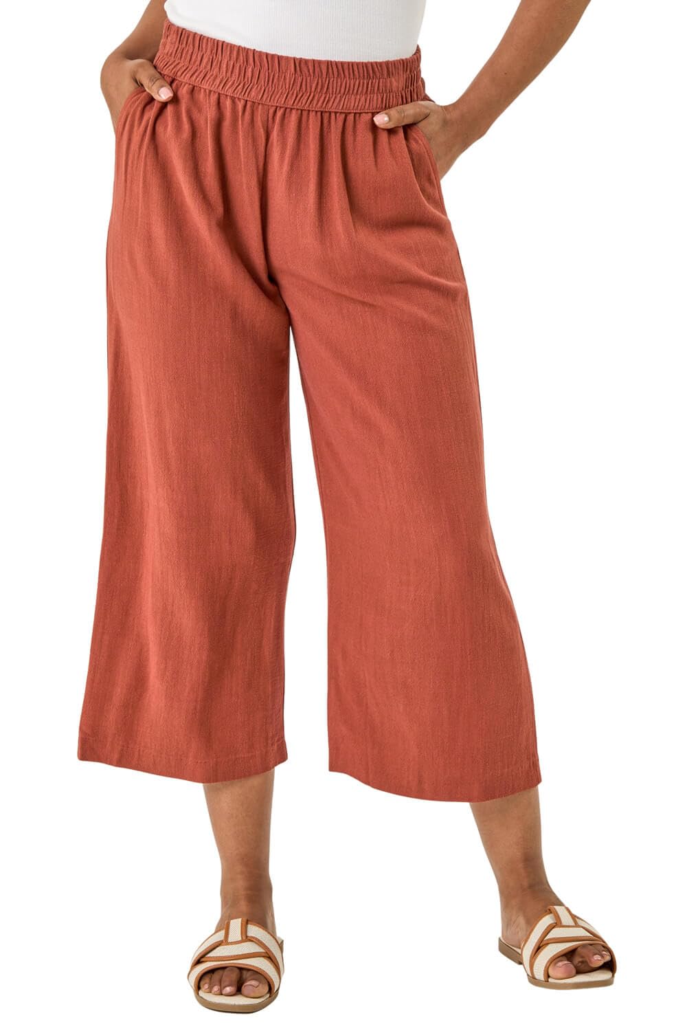 Roman Petite Women's Rust Linen Blend Cropped Trouser Size 12