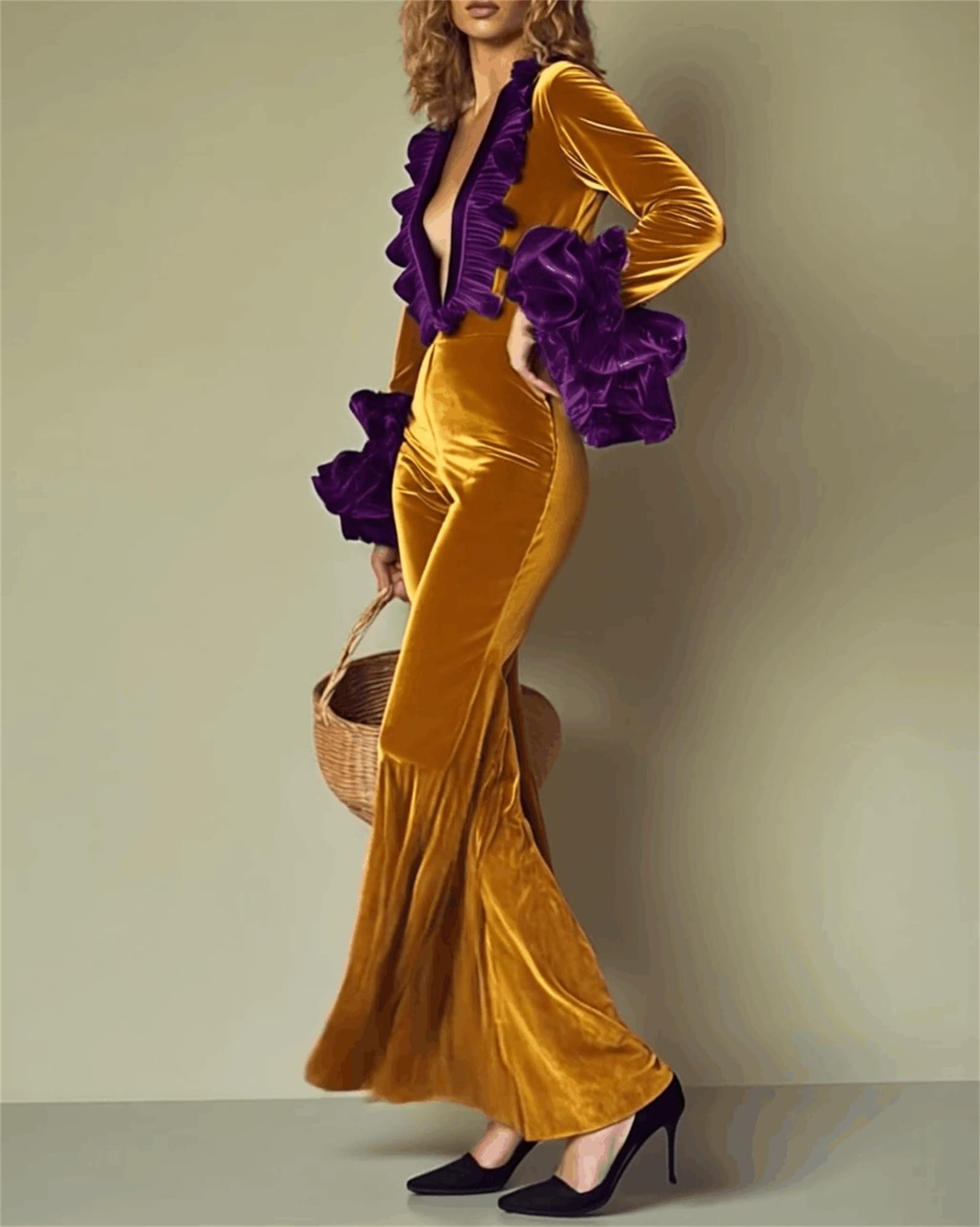 Aksamitne kombinezony dla kobiet szykowne imprezowe falbany z długim rękawem rozkloszowane, aksamitne śpioszki z długim rękawem stroje świąteczne