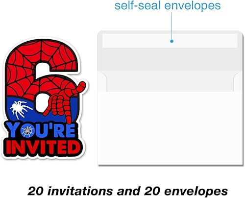 Miniatura 3 de Bifez Invitaciones para fiesta de 6 cumpleaños de superhéroe con purpurina para niños de 6 años, invitaciones con sobres, juego de 20
