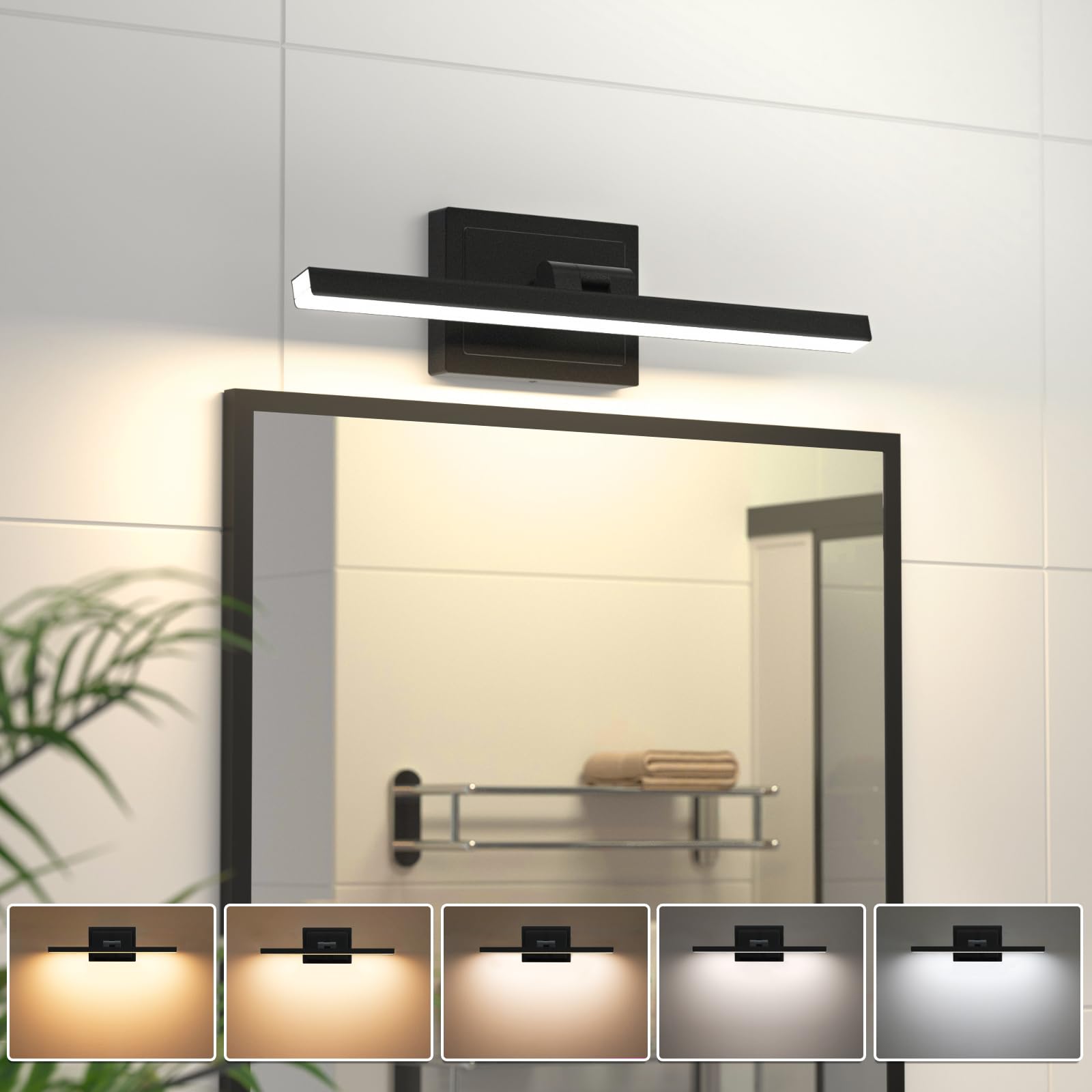 VOLISUNModern Bathroom Vanity Light 15.7 inch, Rotatable, 12W Dimmable 5CCT Led Bathroom Light Fixture Over Mirror, Black Bar Vanity Light for Bathroom Mirror Restroom-ETL Certificated