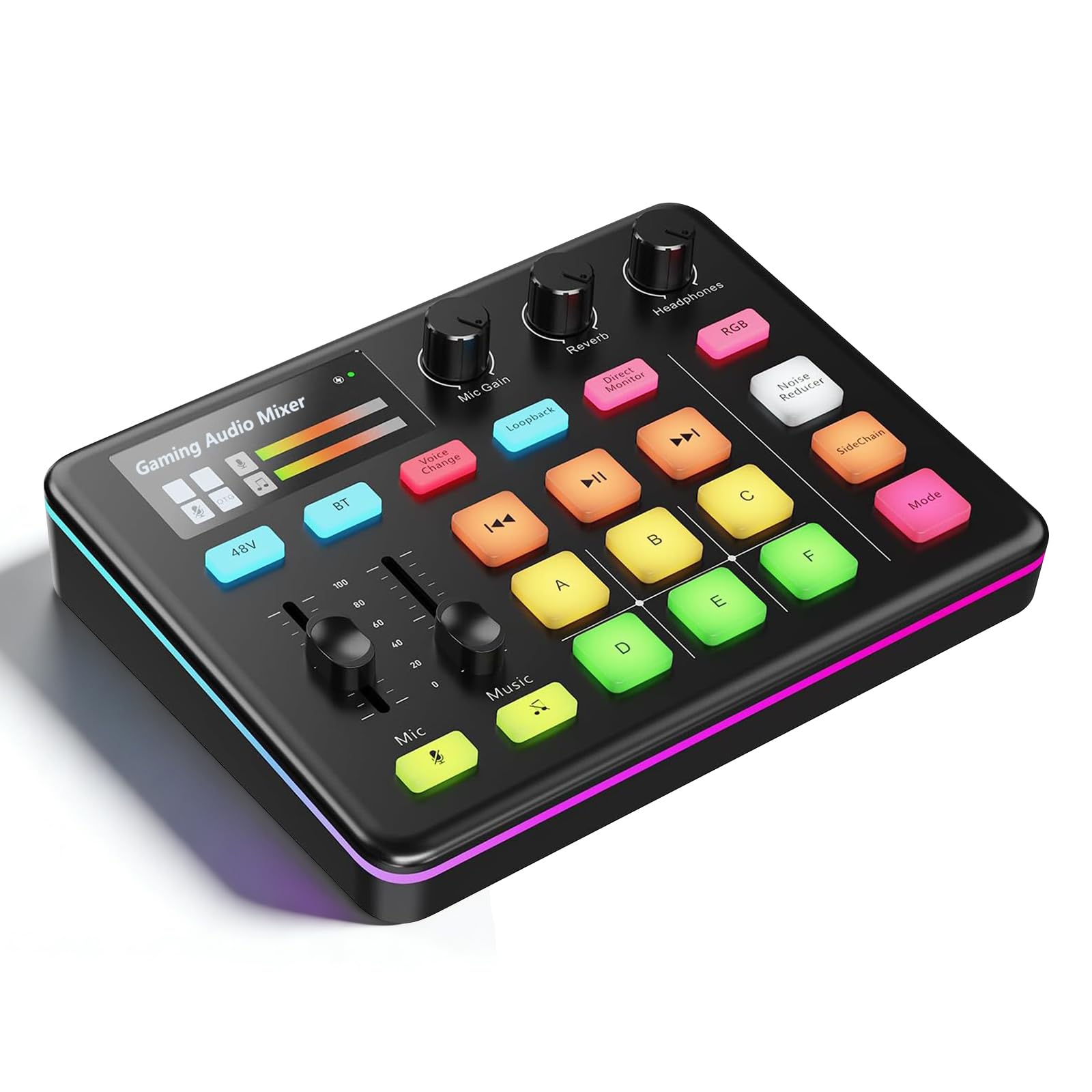 Mezclador de audio G1 Neo, mezclador de audio para juegos, tarjeta de sonido RGB para micrófono XLR, interfaz de audio para streaming, alimentación fantasma de 48 V, efectos de sonido personalizados