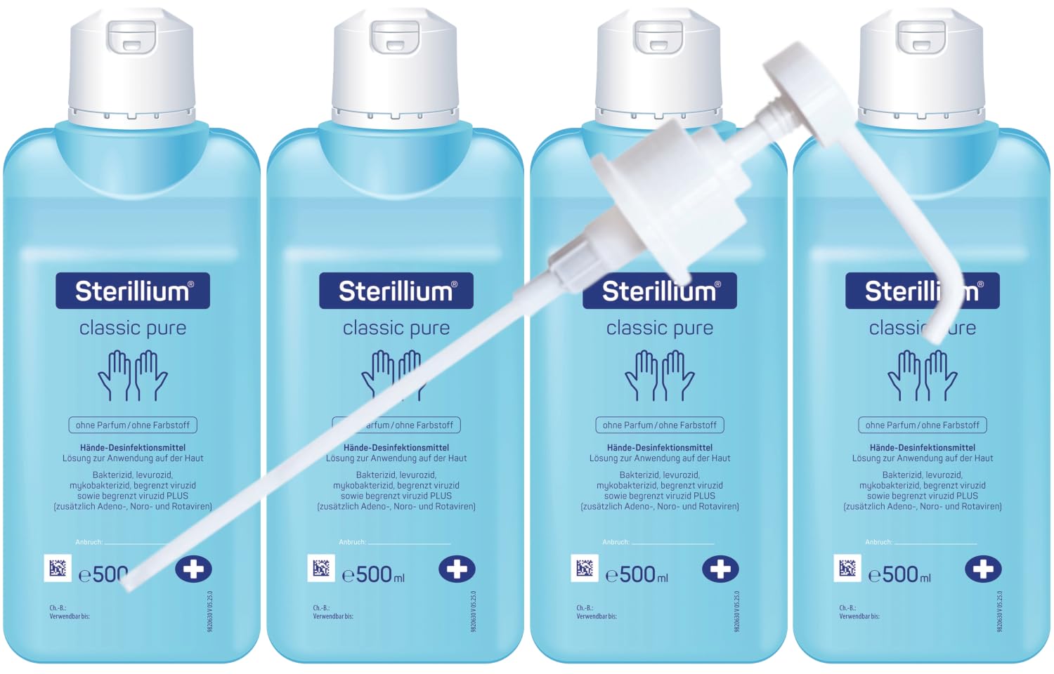 Sterillium Classic Pure Desinfektionsmittel für Hände, farbstofffrei und parfümfrei, hygienische Anwendung, 4 x 500 ml inkl. Dosierpumpe