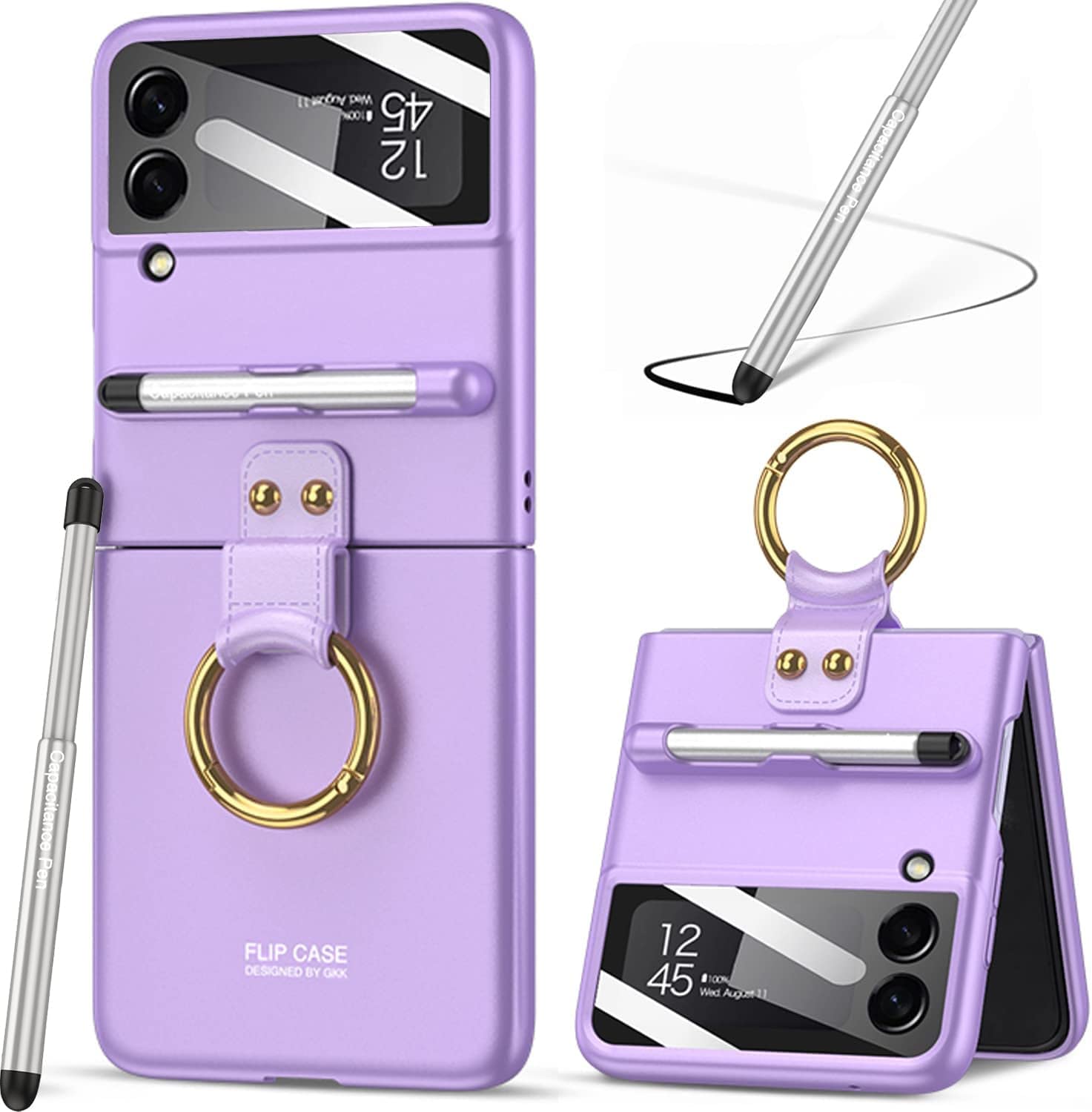 LIULANZ for Samsung Galaxy Z Flip 4 Case with Pen and Ring,Ultra Thin Matte Leather Anti-Drop Phone Cover with Camera Screen Protector for Samsung