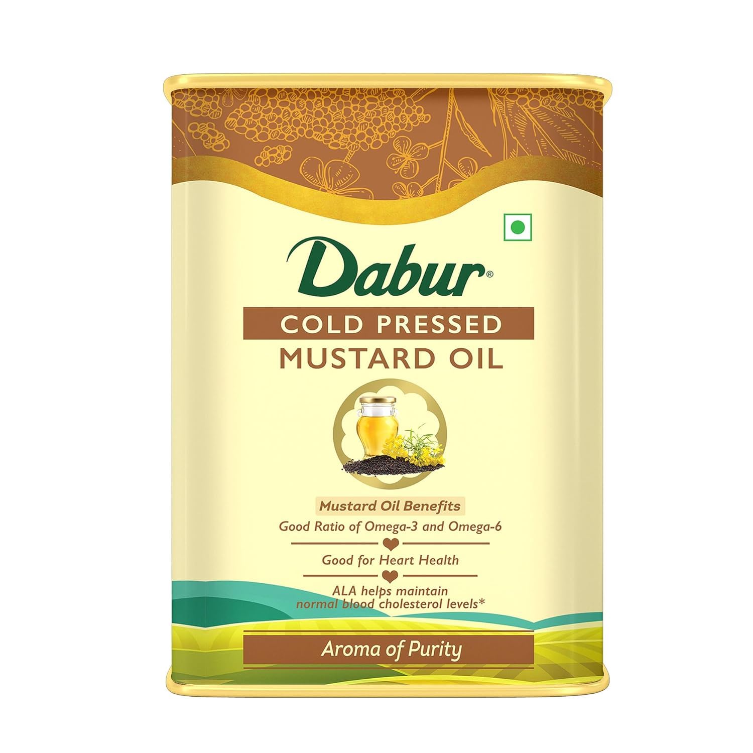 DABUR Cold Pressed Mustard Oil, Healthy Cooking Oil with the Goodness of Omega 3 & 6, 1 l
