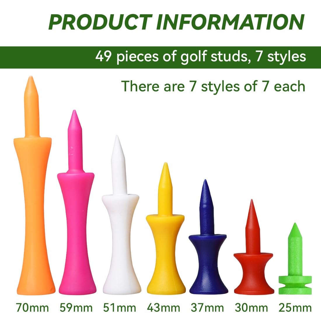 49Pcs Tees de Golf de Plástico, Golf Tees, Camisetas de Golf de Plástico, para Entrenamiento en Interiores y Exteriores de 25 mm/31 mm/37 mm/43mm/51 mm/59 mm/70 mm, para Profesional Accesorios