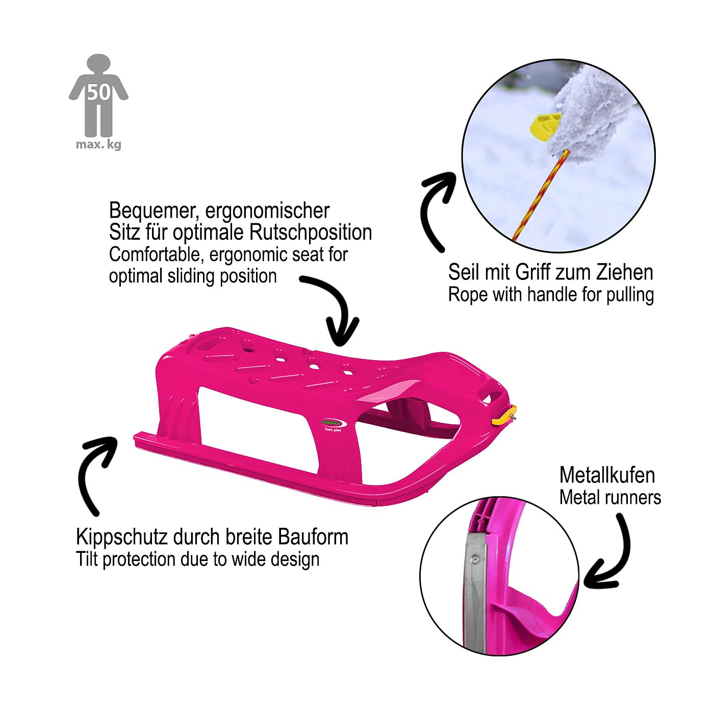 JAMARA Luge 461122 Play Snow-Star - Patins en métal - Corde avec poignée - en Plastique résistant aux Chocs - Rose