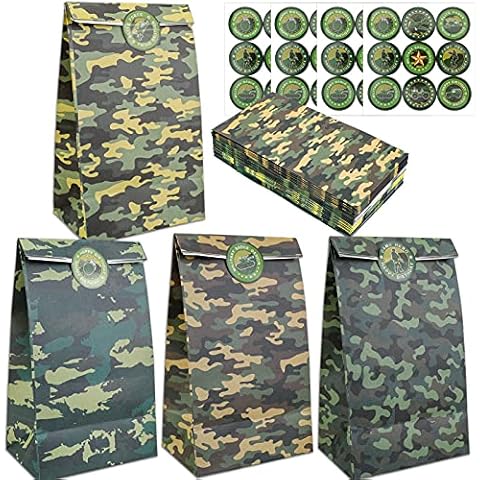 Qpout 24 Pack Camouflage Treat Bags with 36 Stickers, 4 Styles Military Theme Birthday Party Candy Cookie Bags, for Boys Kids Birthday Baby Shower Hero/Camouflage Theme Party Favour Supplies Cover