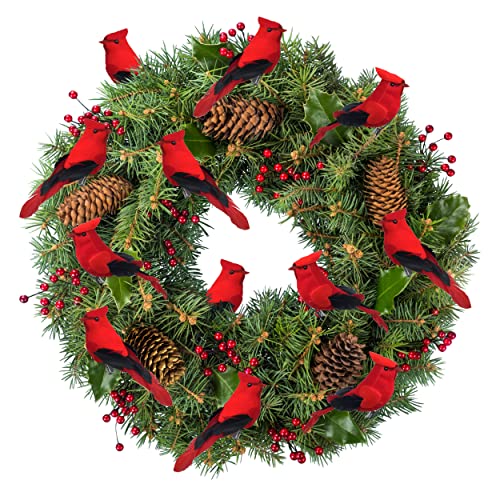 Banberry Designs Cardinal Clip On Christmas Tree Ornament Decorations - Red Flocked Body & Feathered Wings & Tail - Set Of 12 - Each Is 5" Long #TOP3